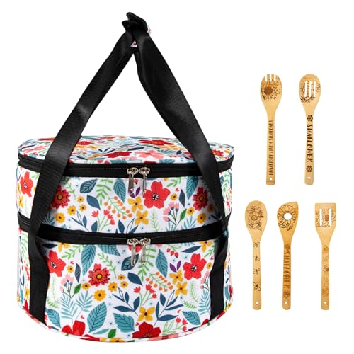 JDGHGB Pioneer Woman Insulated Casserole Carrier for Hot or Cold Food with Handle Double Layer Foldable Pioneer Woman Kitchen Stuff Accessories Attached 5 Sunflower Wooden Spoons