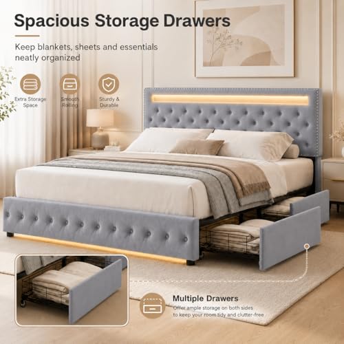 Queen Size LED Bed Frame with Adjustable Upholstered Headboard, LED Light Headboard Footboard, 4 Underbed Drawers, Wooden Slats Support, Metal Platform Bed Frame, No Box Spring Needed, Velvet Grey