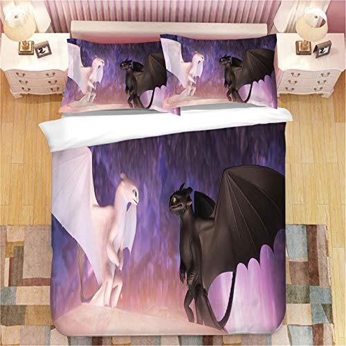 AMTAN 3D How to Train Your Dragon Duvet Cover Set Movie How to Train Your Dragon 3 Bedding Set 100% Microfiber Teen Bed Set 3pcs 1 Duvet Cover 2 Pillowcase King Queen/Full Twin Size