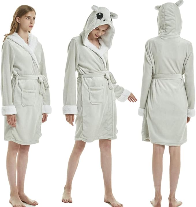 Flannel Bathrobe, Fluffy Plush Sleepwear with Hood, Short BathrobesF L