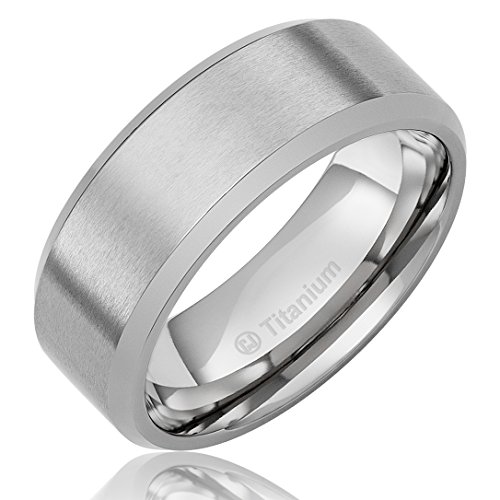 8MM Men's Titanium Ring Wedding Band with Flat Brushed Top and Polished Finish Edges [Size 10]