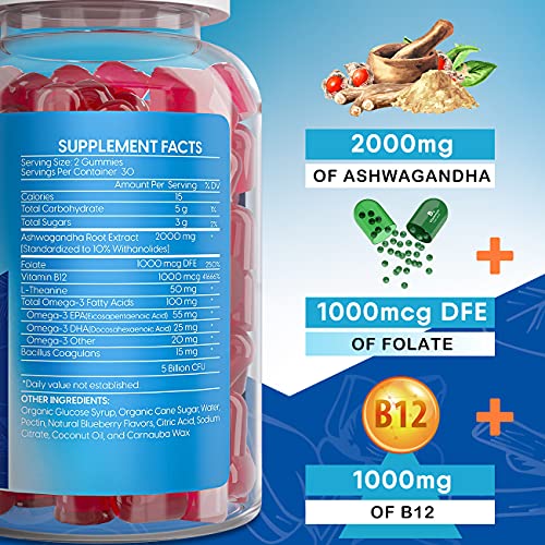 2 Pack Ashwagandha Gummies 2000mg,Organic Ashwa Root Extract Supplement for Women & Men,2 flavors-120 Count