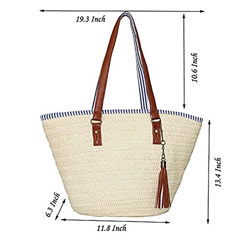 JOSEKO Stroh Handtasche, Sommer Strand Tasche Damen Schultertasche mit Ledergriffe Quaste Henkeltasche Frauen… – Bild 3