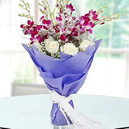 Floweraura fresh flowers bunch of 6 purple orchid and 12 white roses in purple paper packing