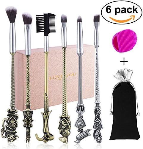6pcs Harry Potter Makeup Brushes Set for Women and Girls,Metal Cosmetic Wizard Wand Brush kit for Foundation Blending Blush Face,Eye Shadow, Eyebrow Eyelash Dual-Comb Included