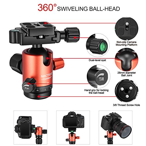 MACTREM Tripod DSLR SLR Tripod, 62.5" Light-Weight Aluminum Alloy Camera Tripod Phone Tripod with Phone Holder, 360 Degree Ball Head, Detachable Monopod, 33lbs Load with Carry Bag, Orange