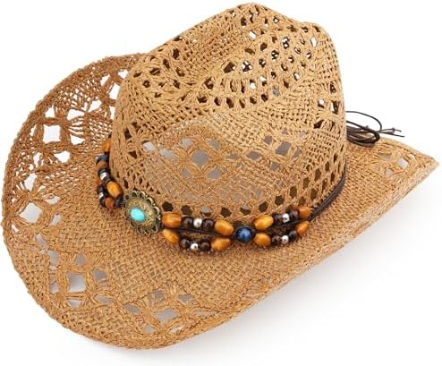 Cowboy Cowgirl Style Straw Sun Hat,Wide Brim Beah Hat UPF 50  display picture 3