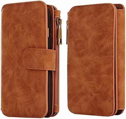 iPhone 8 Plus Wallet Case,iPhone 7 Plus Detachable Magnetic Case HYSJY leataher Case with 14 Card Slots Holder Kickstand Zipper Pocker Removed Cover for iPhone 8plus/7Plus (14Card-kk-Brown)