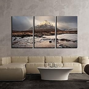 3 Piece Canvas Wall Art - Landscape with Flowing River in Front of Mountain - Modern Home Art Stretched and Framed Ready to Hang - 16"x24"x3 Panels