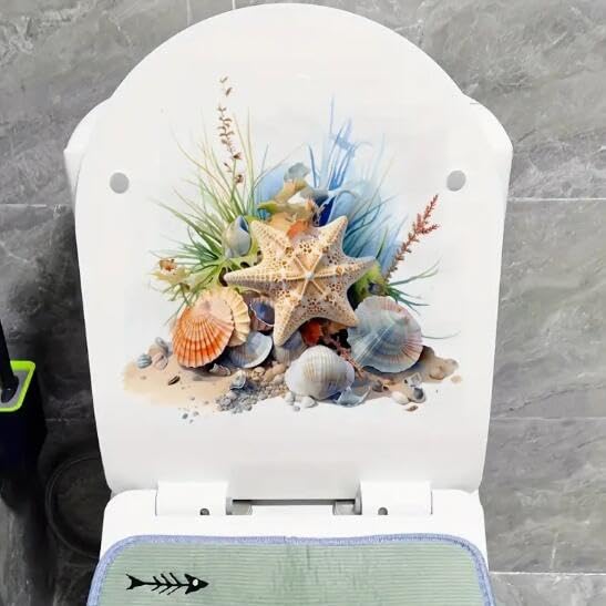 Ocean Shell Starfish Coral Toilet Cover Sticker Decals Waterproof Toilet Lid Tank