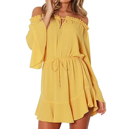 Women Strandkleid Rosennie Mode Damen Sommer Tunik Elegant Frisch und Schön Süße Schulterfreie EIN Kragen Hollow Out Spitze S