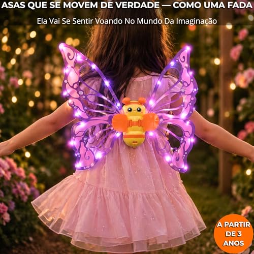 Asas de Borboleta Elétrica com Led, Luz e Música — Movimento Real, Fantasia Infantil Mágica, Para Meninas a Partir de 3 Anos