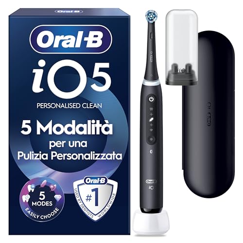 Oral-B iO 5 Spazzolino Elettrico, con 1 Testina di Ricambio, Custodia, Nero - 1 Testine di Ricambio per Spazzolino Elettrico, Ricaricabile, Custodia da Viaggio, Sensore di Pressione, Pulizia Denti