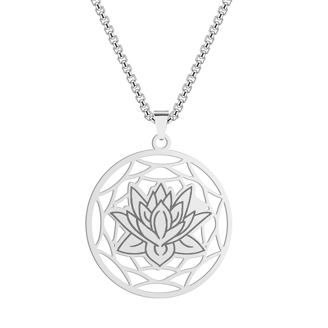 QIAMNI 316L Stainless Steel Women's Coin Necklace for Delicate Lotus Flower Pendant/Buddha Pendant Jewelry (silver)