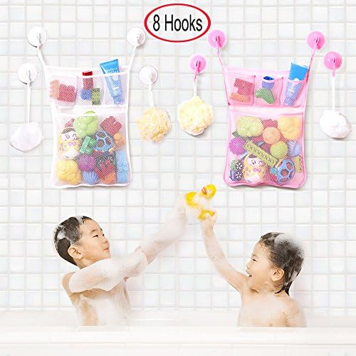 Bath Toy Organizer Mesh Bag Tub + Ultra Strong Hooks ,Net For Bathtub Toys &amp; Bathroom Storage For Baby Kids, Toddlers &amp; Adults.(White And Pink Bag x 2+ Hooks x8) (WHITE+PINK)