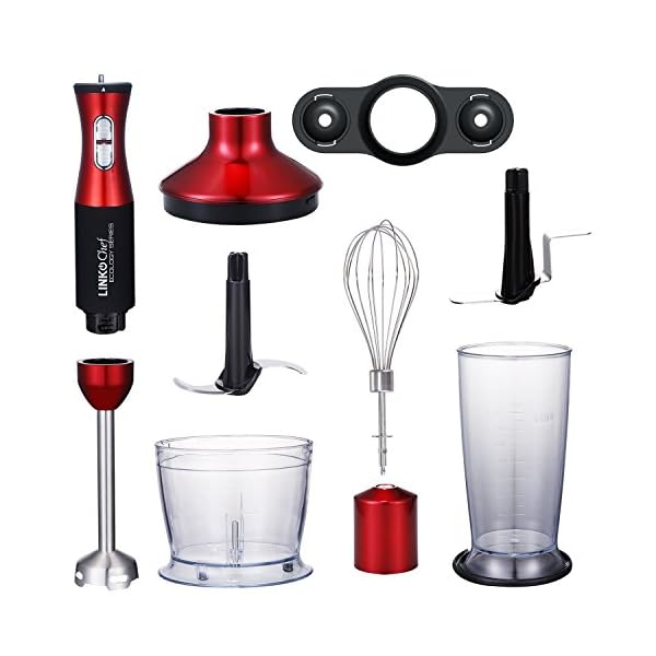 Hand Blender 3 in 1 LINKChef Hand Blender 500W, 500ml Food Processor, 800ml Beaker, Whisk, Robust Titanium Coating…