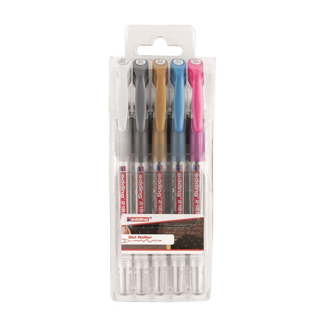 Edding 2185 Gel Roller - Gold, Silver, White, Blue, Pink Metallic - Set of 5 - 0.7mm Gel Pen for Writing, Drawing, Colouring Mandalas, Bullet Journals
