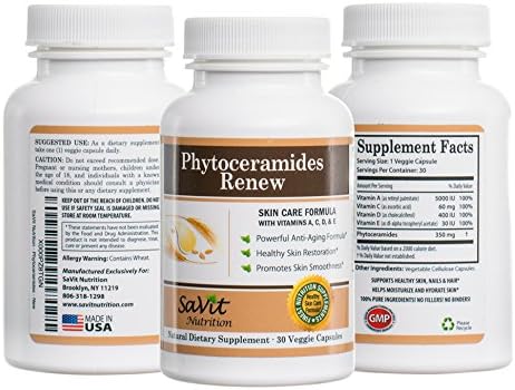 Premium Quality Plant Derived Pure Phytoceramides ~ 350 mg - Recommended Dosage for Youthful Skin ~ Includes Vitamins A, C, D & E ~ Supports, Softens and Renews your Skin for Healthier Younger Look ~ Skin Restoring Supplement ~ Anti-Aging Skin Care ~ Skin Rejuvenating ~ Cell Renewal ~ Skin Hydration ~ SaVit Nutrition Guaranteed Results
