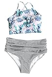 Cupshe Fashion Women's Floral Top Stripe Bottom Padding Bikini Set