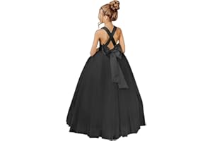 JISISANG Crossed Straps Flower Girl Dress Satin Long Prom Dress with Bow Puffy Tulle Pageant Dresses for Girls