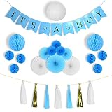 Baby Shower Decorations for Boy Kit, It's a Boy, Hanging Banner, White, Blue and Gold Tassels, Tissue Paper Fans, Honeycomb balls, Lantern, High Quality Indoor/Outdoor Party Supplies