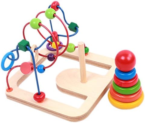 Moombike Multipurpose Educational Wooden Beads Game Activity Cube - Bead Roll Maze, Rainbow Ring Stacker - Colorful Beads Maze Educational Learning Toy for Kids and Toddlers