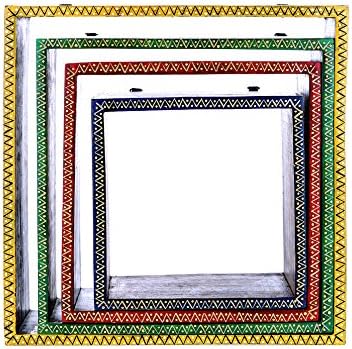 Indikala Decorative Handcraft Multipurpose Shelves with Hooks, Handpainted Wall Décor, Set of 4, for Home/Living Room/Gift, (Multicolour)