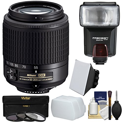 Nikon 55-200mm F/4-5.6G DX AF-S ED Zoom-Nikkor Lens With 3 UV/CPL/ND8 Filters + Flash + Softbox + Diffuser + Kit