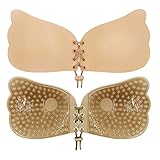 WmcyWell Women Sexy Invisible Backless Bra Lace Strapless Adhesive Push Up Bra L,Beige