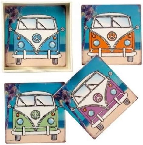 Set of 4 Vintage Style VW Camper Van Ceramic Coasters in Presentation Box - split screen bus on the beach