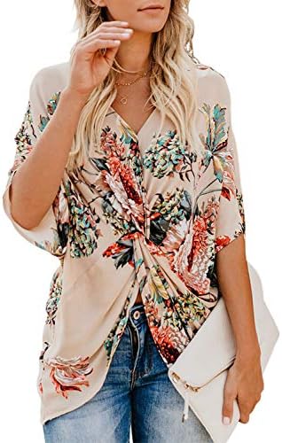 Samefar Women's Floral Short Sleeve V Neck Chiffon Twist Tops Casual Loose Blouses Shirts