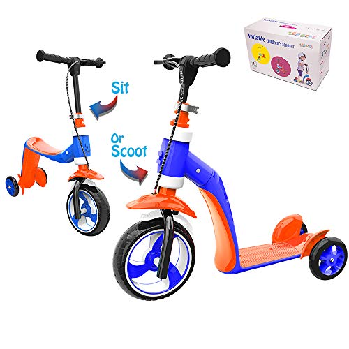 Verkstar Kick Scooter for Kids Toddlers Girls Boys, 2 in 1 Kids Scooter with Handbrake, Adjustable Handle, Extra-Wide Deck, The Latest Outdoor Toys for Kids Activities (Orange & Blue)