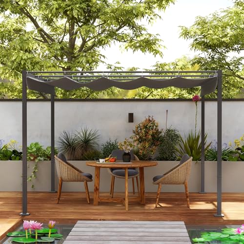 Outsunny 10' x 10' Outdoor Gazebo, Retractable Pergola Canopy with Magnetic Fixture, Free Standing Metal Pergola Kit, UPF30+ Sun Shade Shelter, Grey