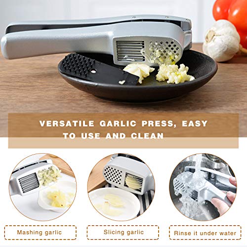 Garlic Press, 2 in 1 Garlic Mince and Garlic Slice with Garlic Cleaner Brush and Silicone Tube Peeler Set- Aluminum Alloy Garlic Crusher and Slicer- Durable and Easy to Clean