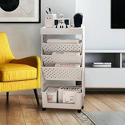 5 Tier Mobile Bookshelf Rolling Book Rack with