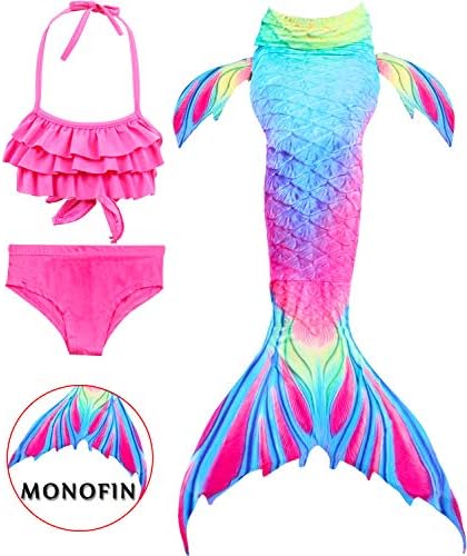 Girls 4 Pcs Swimsuits Mermaid Tails for Swimming with Monofin Mermaid Swimwear Princess Bathing Suit Bikini Set
