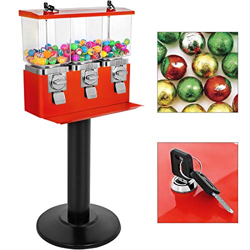 Mophorn Triple Head Gumball Candy Vending Machine with Stand Durable Metal Body Removable Canisters Capsule Bouncy Ball Gumball Vending Dispenser Machine Red
