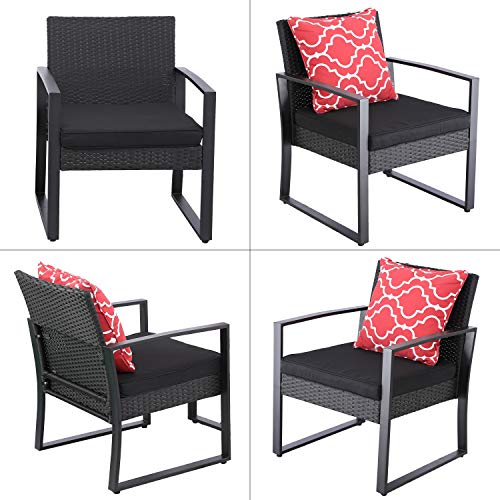 Do4U 3 Pieces Patio Set Outdoor Wicker Patio Furniture Sets Modern Bistro Set Rattan Chairs with Coffee Table Porch Backyard Pool Garden Chairs Set (631-BLK-BLK)
