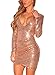 Sidefeel Women Ruched Sequin Long Sleeve V Neck Mini Dress