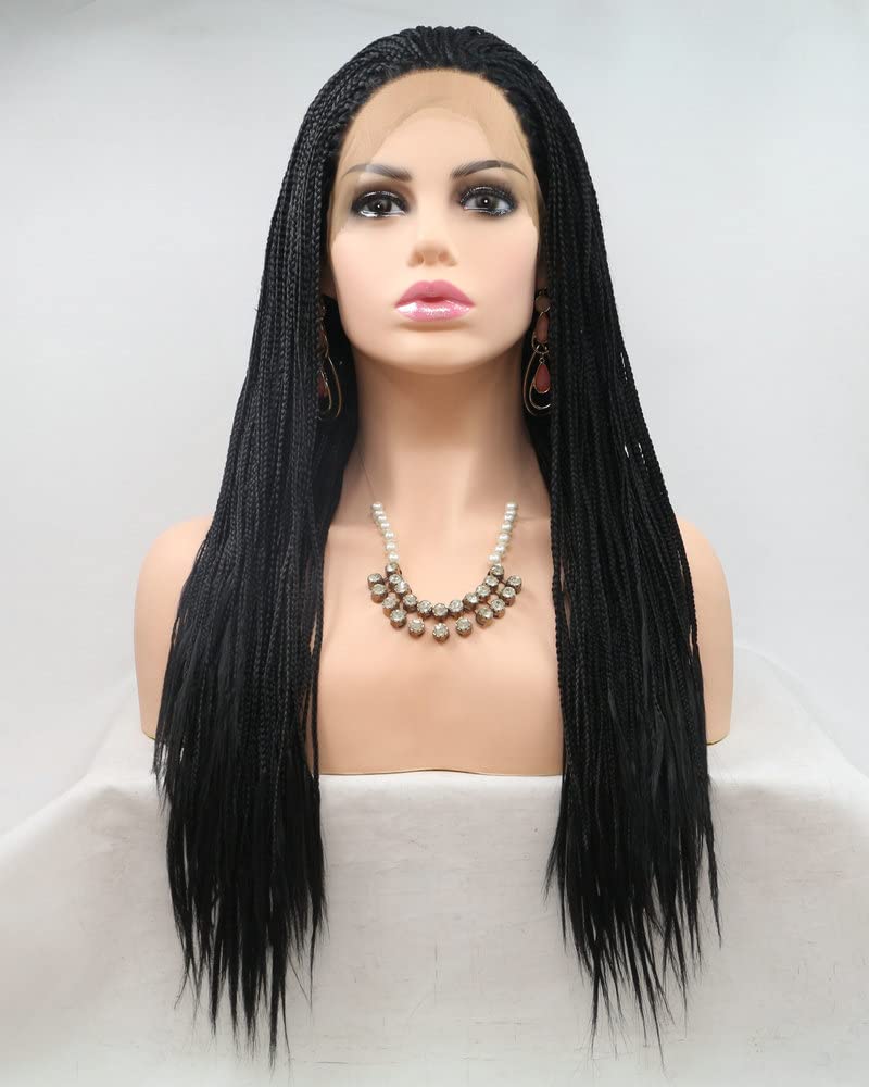 Women's Black Braids Wig Half Hand-tied Box Braided Synthetic Lace Front Replacement Wigs Natural Look Party&Cosplay&Daily Use Wigs Drag Queen Braided Wig 20" 1B