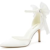 NANIHK High Heel Wedding Shoes for Bride Pointed Toe Bridal Shoes Pearl Heels Bow Tie Back Wedding Heels