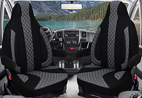 Custom Seat Covers Driver and Passenger Compatible with Motorhome Poessl Weinsberg Knaus Adria Dethleffs Fendt Carthago Buerstner Eura Mobile Pilote Laika Kabe Chausson Hobby PL401 (Black/Grey)