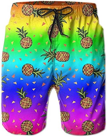 DeearShorts Rainbow Pineapple Men's Quick Dry Pocket Board Shorts Elastic Mesh Swim Trunks Runnning