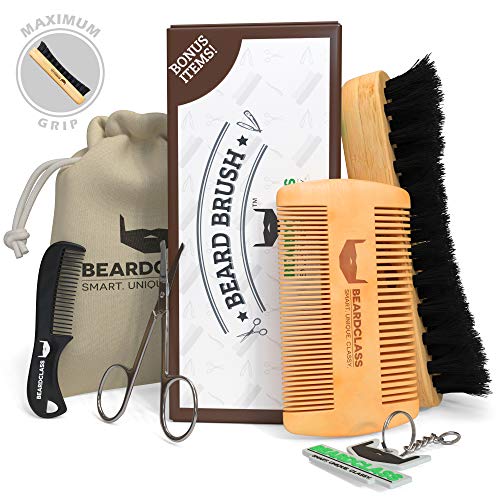 BEARDCLASS Organic Bamboo Beard Brush and Wooden Comb Kit Set - 4 in 1 Beard Grooming Kit Care Set with Dual Sided Comb & Boar Bristle Beard Brush - Mustache Comb and Scissors Include Gift Kit For Men - Thumbnail 3