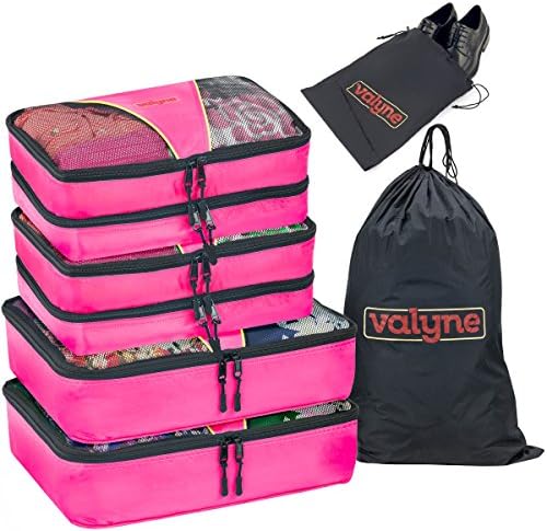 Valyne Mesh Nylon 6-pcs Packing Cubes Set, Travel Accessories Luggage Organizer Bags with Laundry Shoe Bag (Medium Packs Double Compartment) (Pink)
