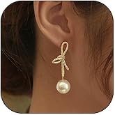 Pearl Bow Earrings for Women Rhinestone Bow Earrings Trendy Gold Bowknot Dangle Drop Earring Dainty Statement Pearl Earring Jewelry Gifts