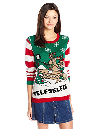 Ugly Christmas Sweater Juniors Elf Selfie-Pullover, White Heather, S