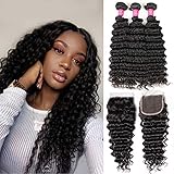 Human Hair Bundles With Free Part Closure Deep Wave Hair Bundles With Lace Closure(24 26 28+20 closure) 8A Brazilian Unprocessed Virgin Human Hair Extensions Double Weft Natural Color Laritaiya