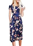 ZESICA Women's Summer Short Sleeve Floral Printed Casual Loose Swing Pleated T-Shirt Dress with Pockets