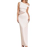GLNEGE Off One Shoulder Maxi Wedding Guest Dresses Ruched Bodycon Cut Out Mesh Slit Formal Cocktail Dress for Women
